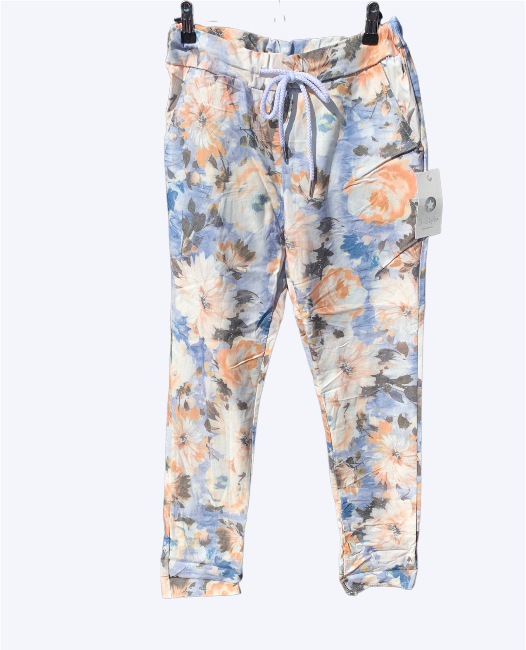 Italian Floral Stretch Pants Chrysanthemum Blue