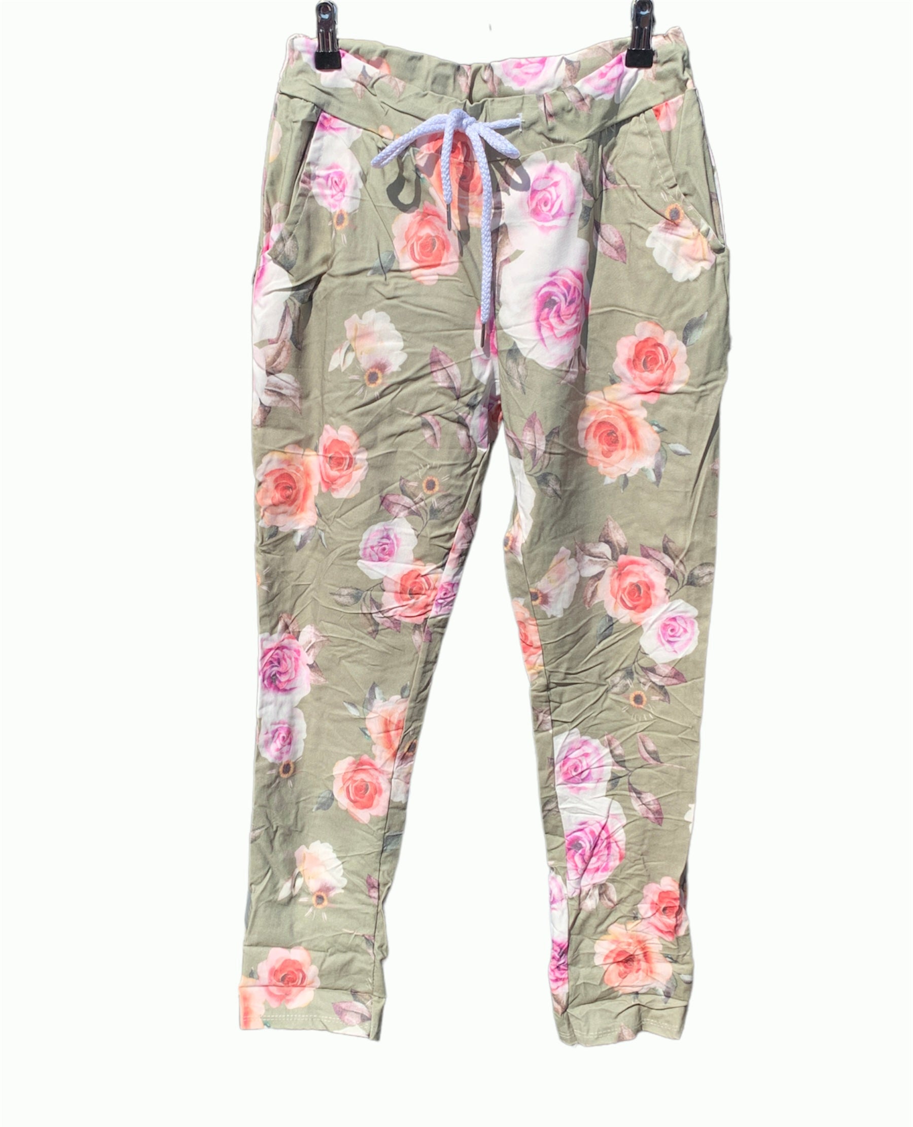 Italian Floral Stretch Pants Roses Green