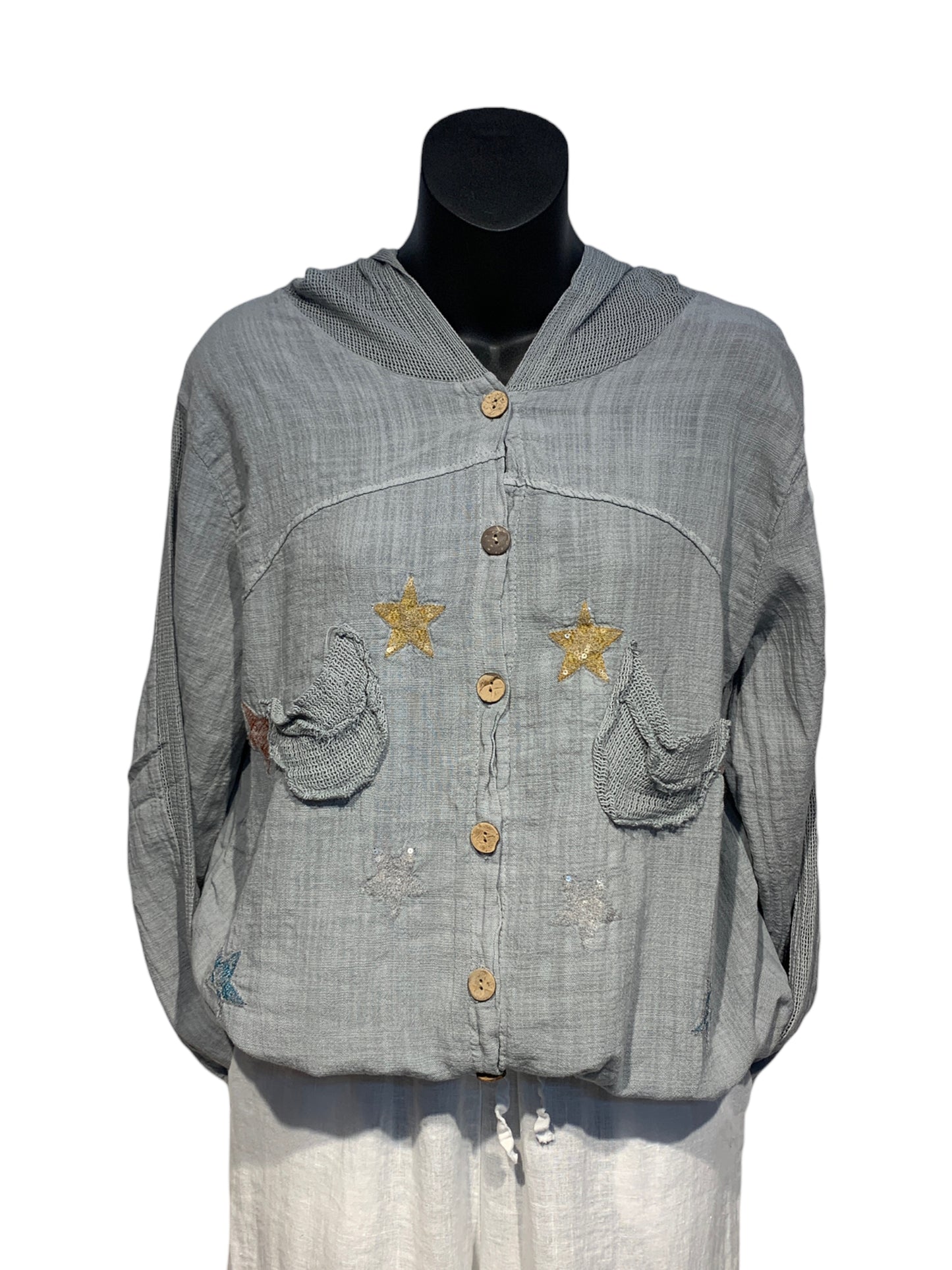 Button Up Hooded Top with Sequin Stars