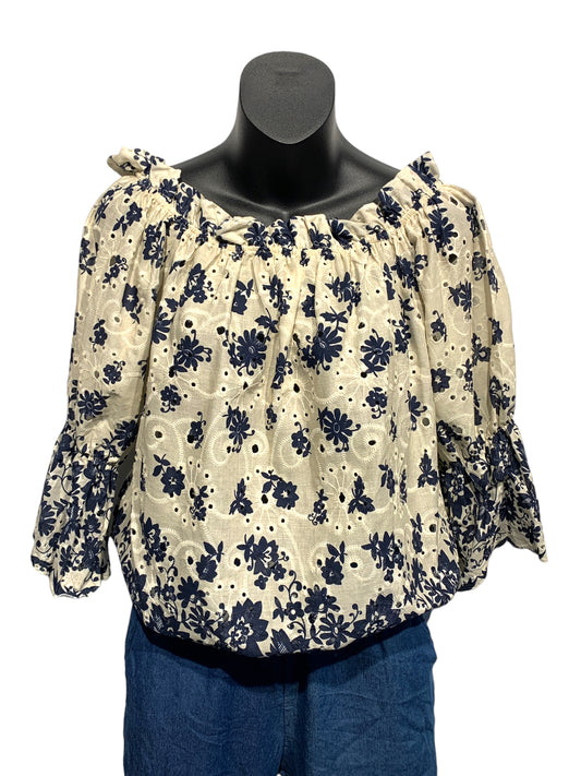 Italian Cotton Broderie Anglaise Short Top with Bell Sleeves