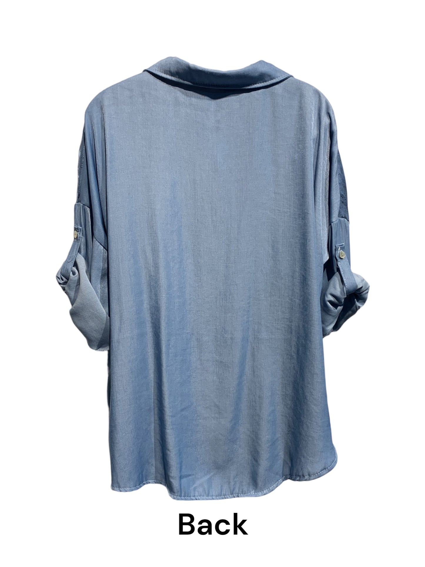 Italian Roll Up Sleeve Shirt with Silver  Paint Front Feature/ Denim Blue