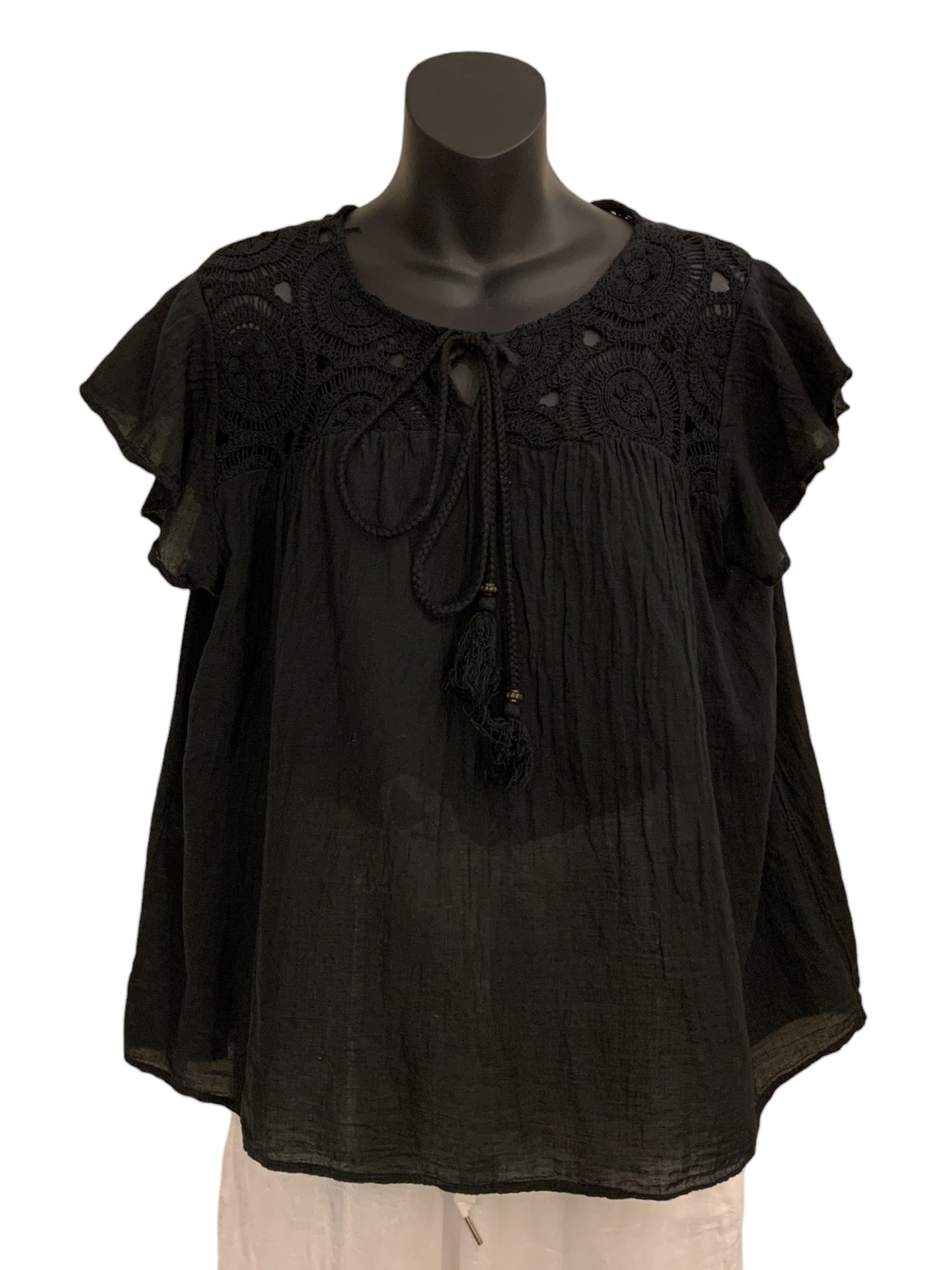 Italian Cotton Top with Drawstring and Embroidered Shoulders