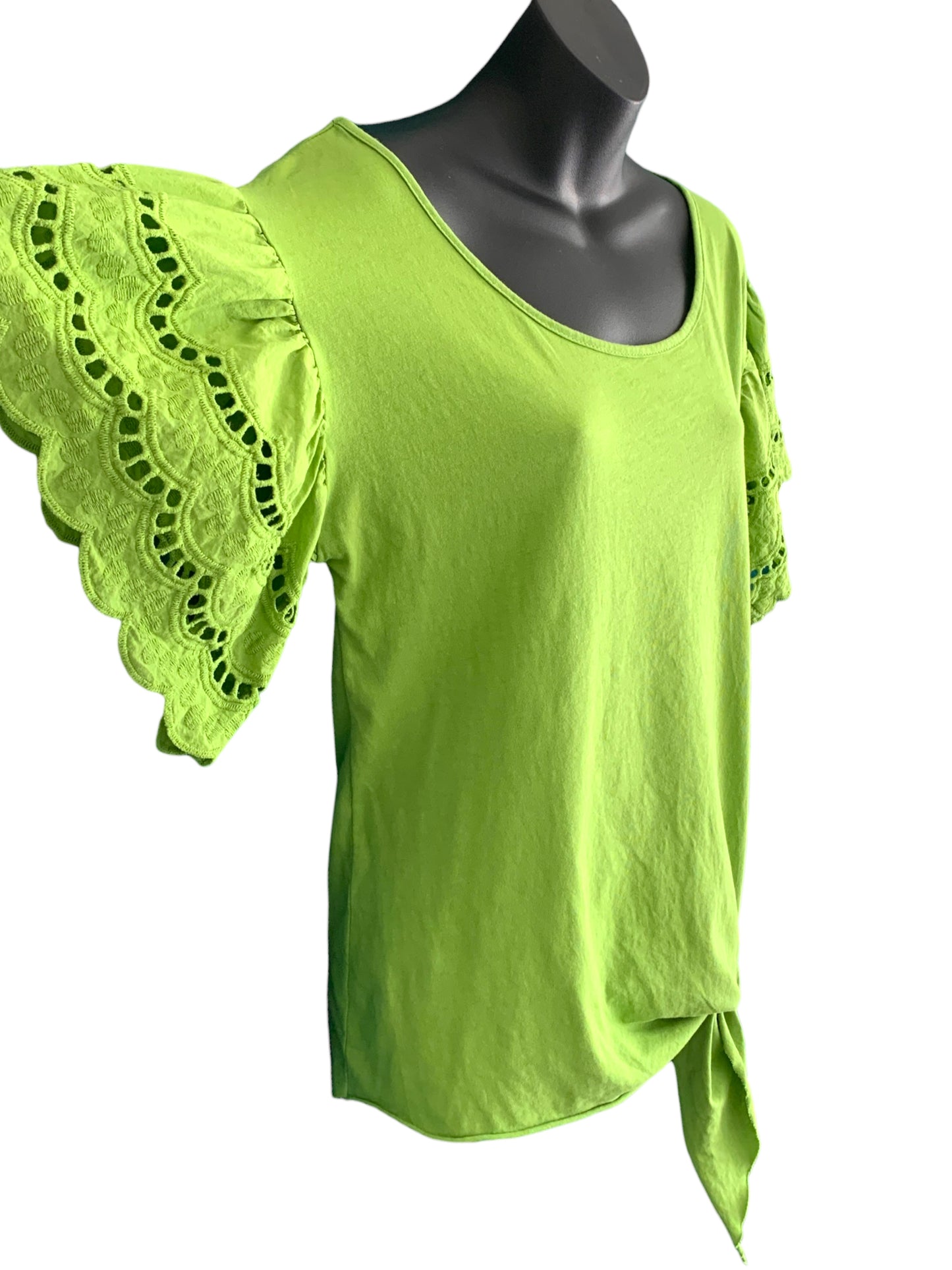 Italian Cotton Short Sleeve Top with Broderie Anglaise Detailing / Green