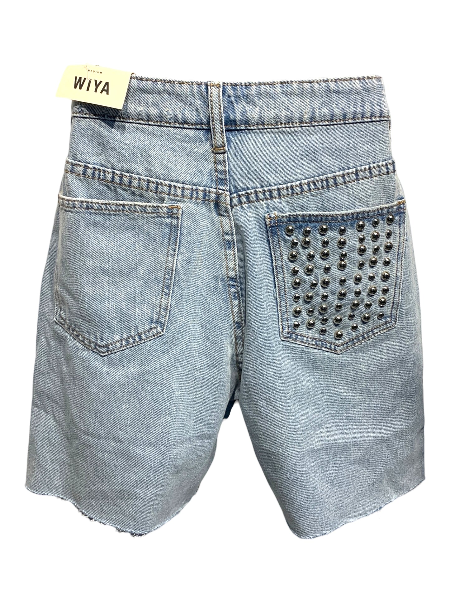 Distressed Look Light Denim Shorts with Studs