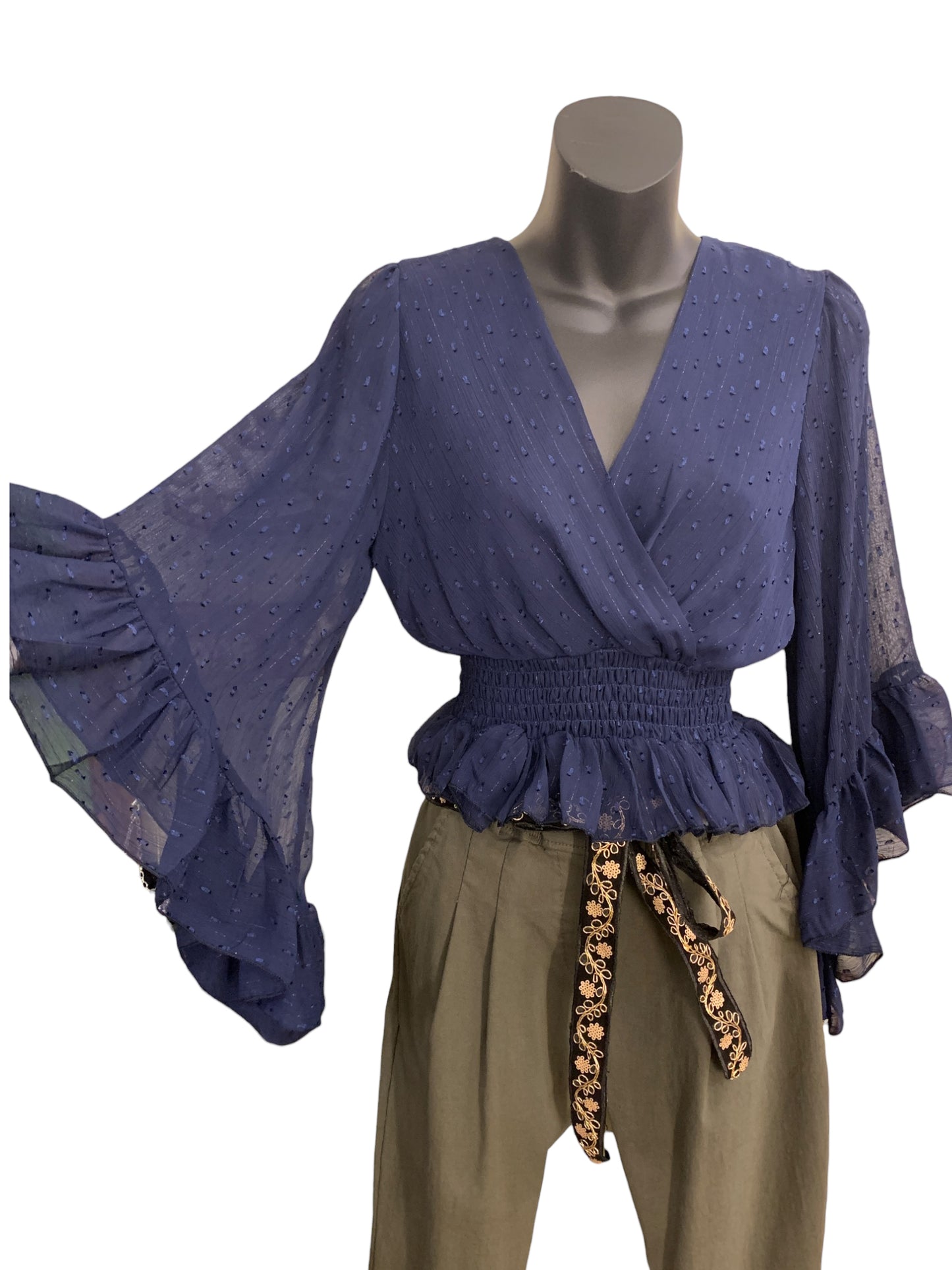 Italian V- Neck Short Blouse with Angel Sleeves.