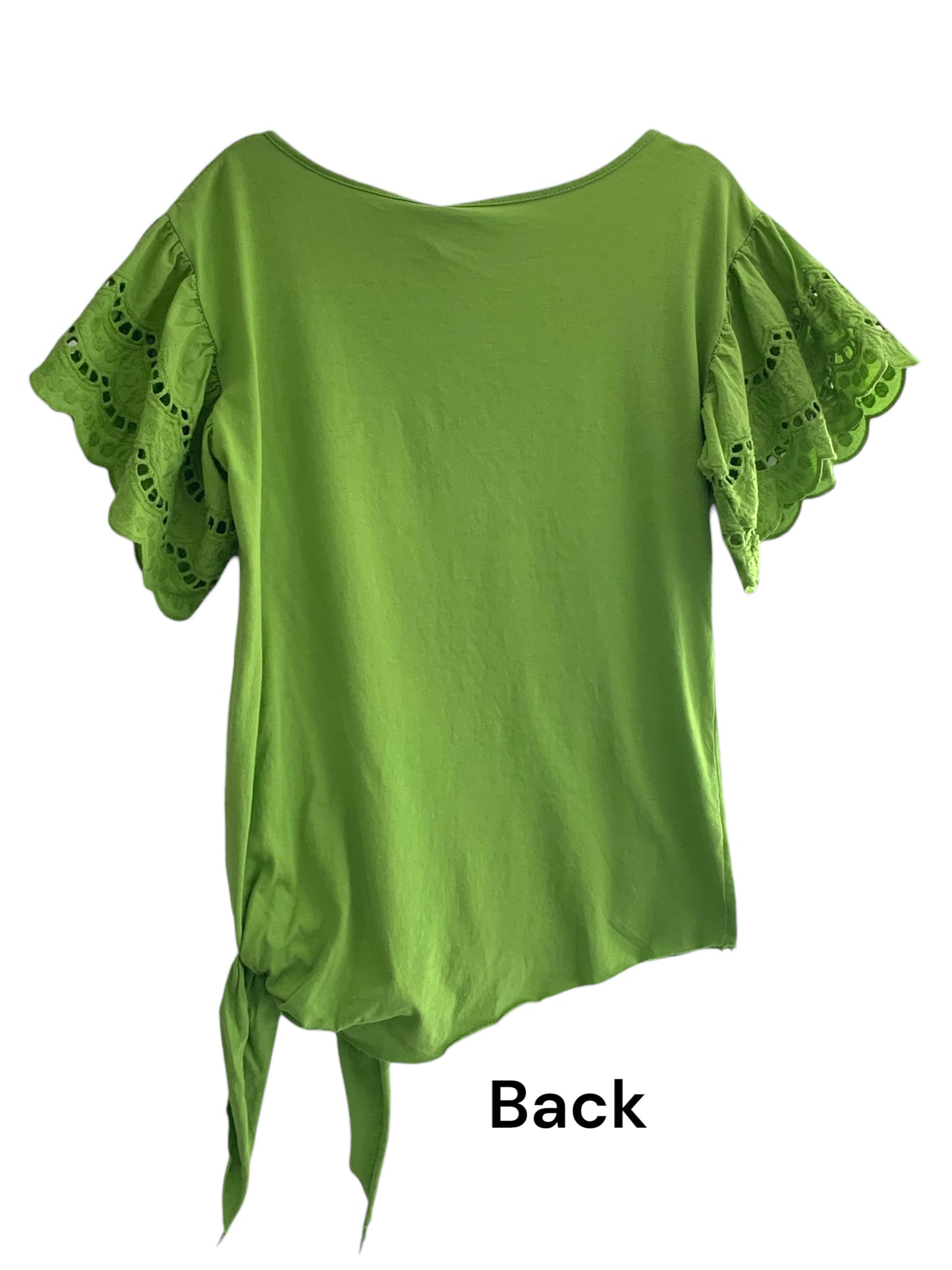 Italian Cotton Short Sleeve Top with Broderie Anglaise Detailing / Green