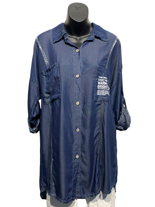 Italian Long Hi Low Button Up Shirt with Front Pockets, Silver Paint Detailing and Wording