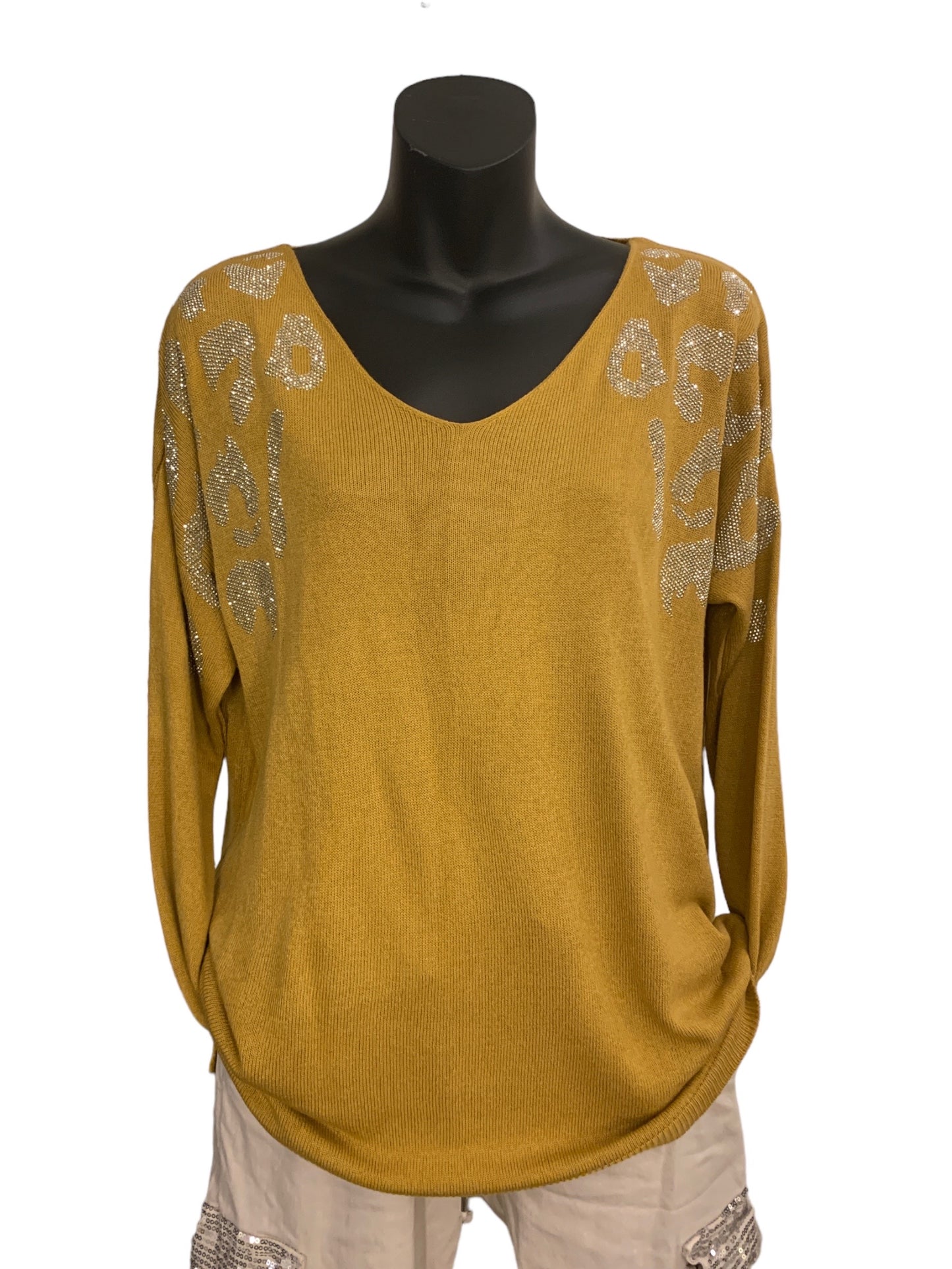 Italian V-Neck Sparkly Animal Print Knit with Washed Out Effect