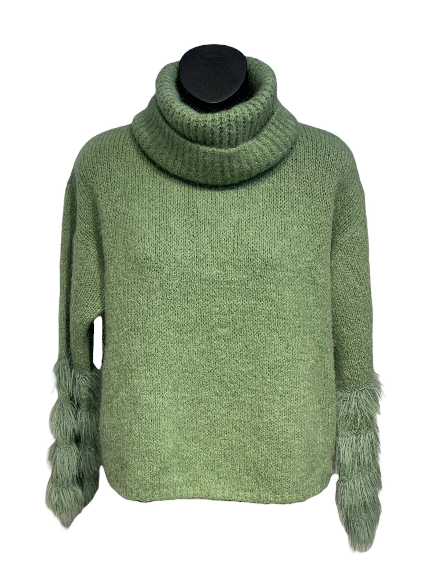 Italian Turtle Neck Knit with Faux Fur on Sleeves/ Soft Green