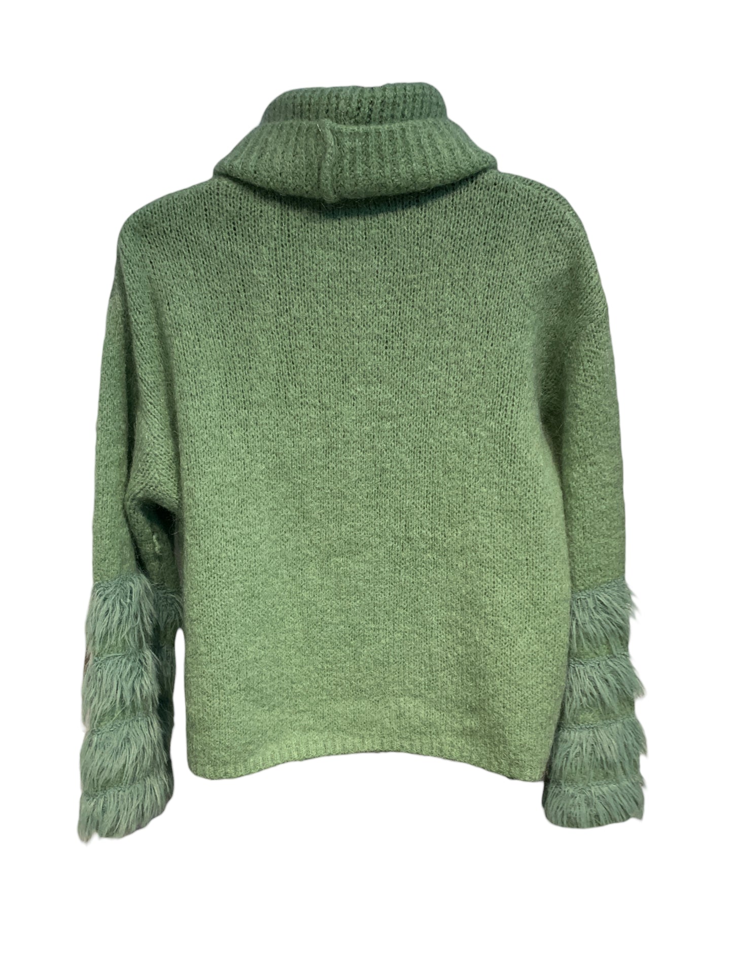 Italian Turtle Neck Knit with Faux Fur on Sleeves/ Soft Green