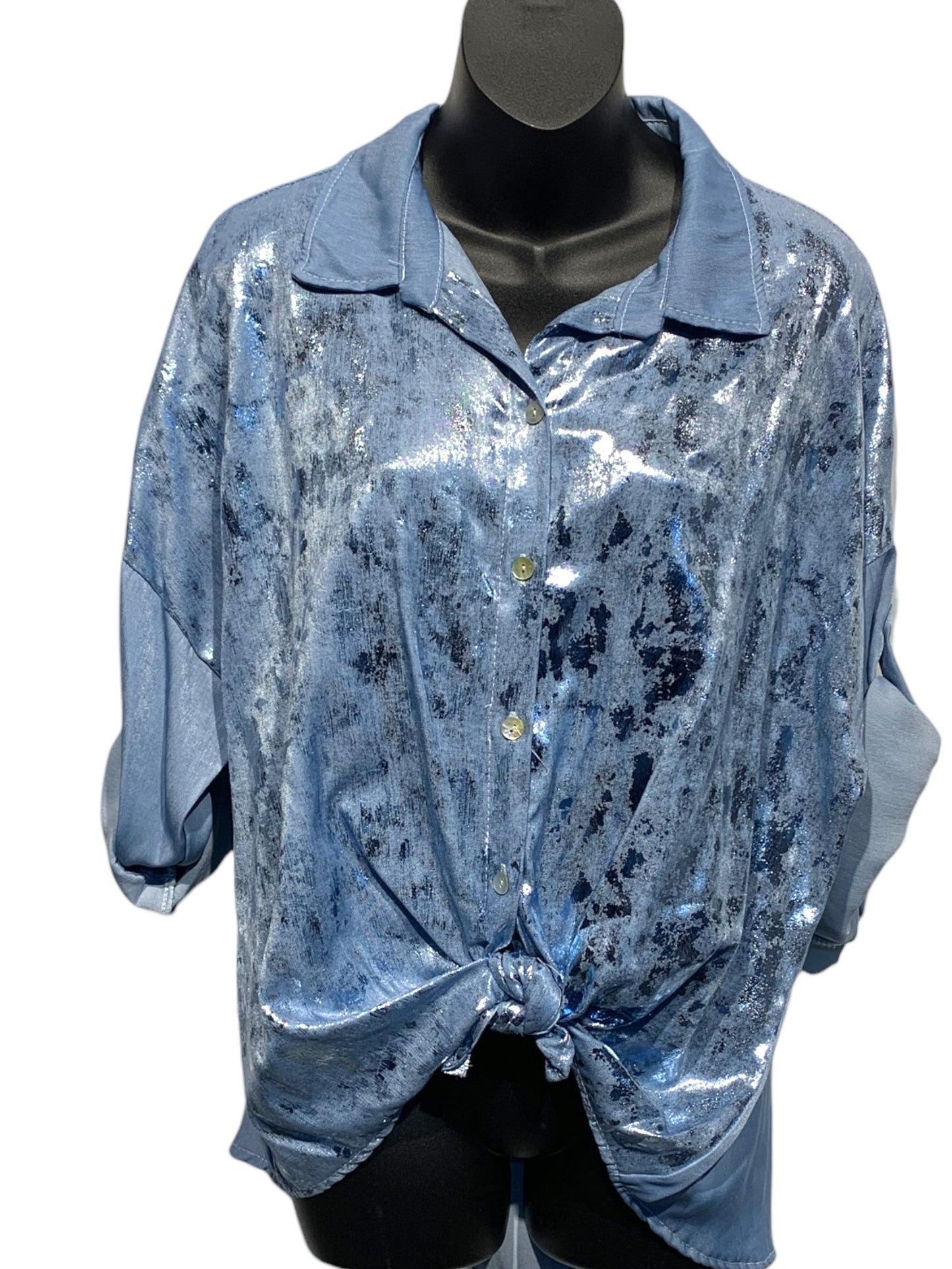 Italian Roll Up Sleeve Shirt with Silver  Paint Front Feature/ Denim Blue