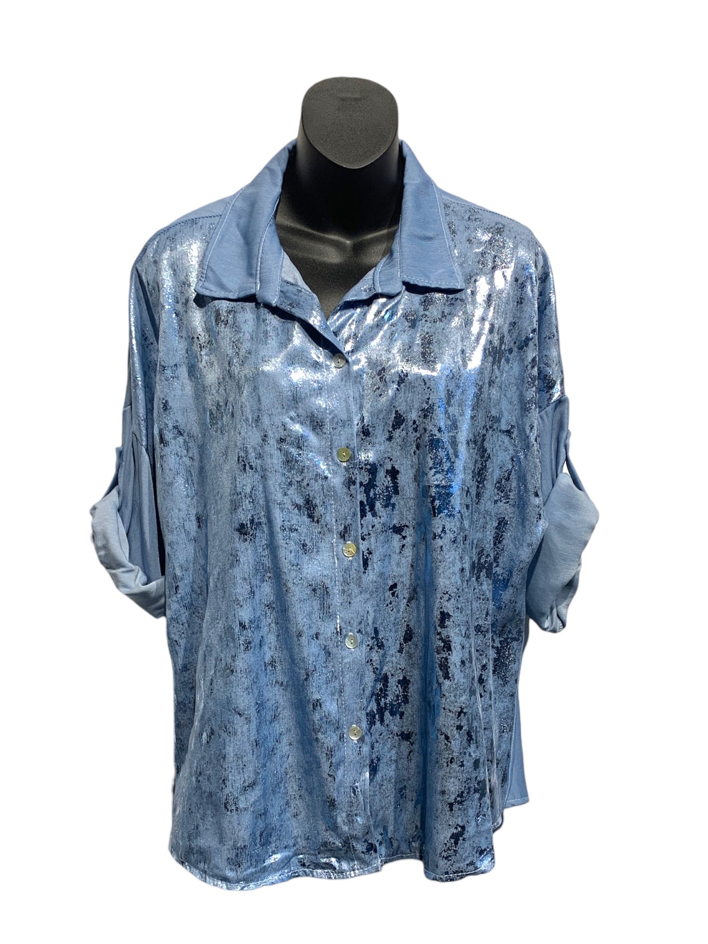 Italian Roll Up Sleeve Shirt with Silver  Paint Front Feature/ Denim Blue