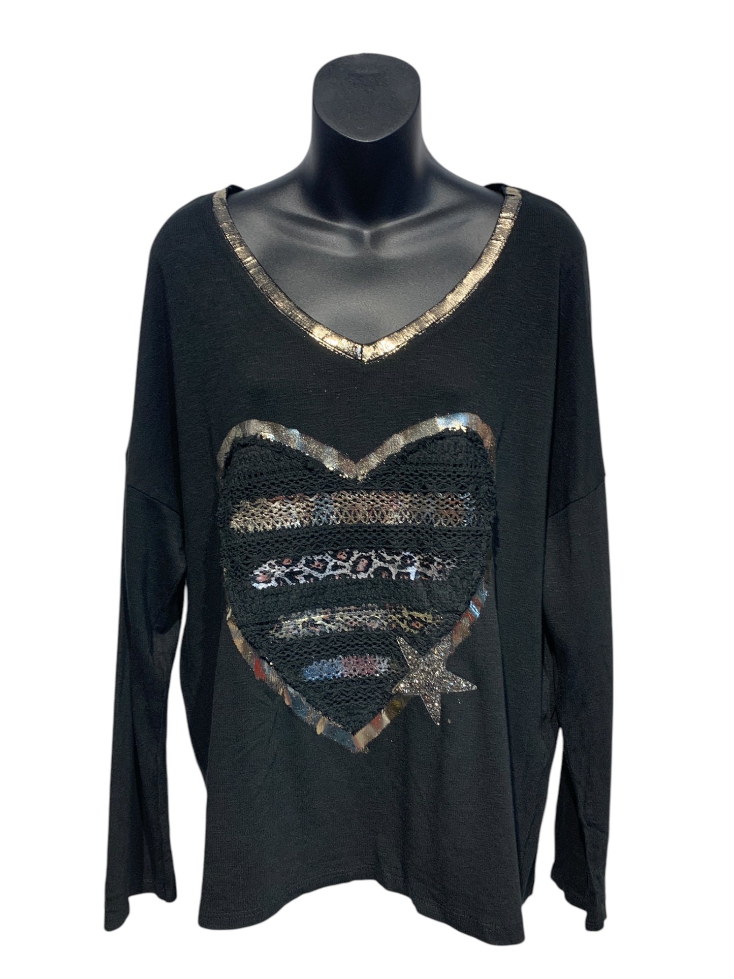 Italian V-Neck Cotton Top with Lace and Leopard Print Heart