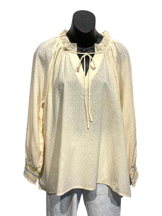 Long Sleeve Cotton Blouse with Drawstring Collar