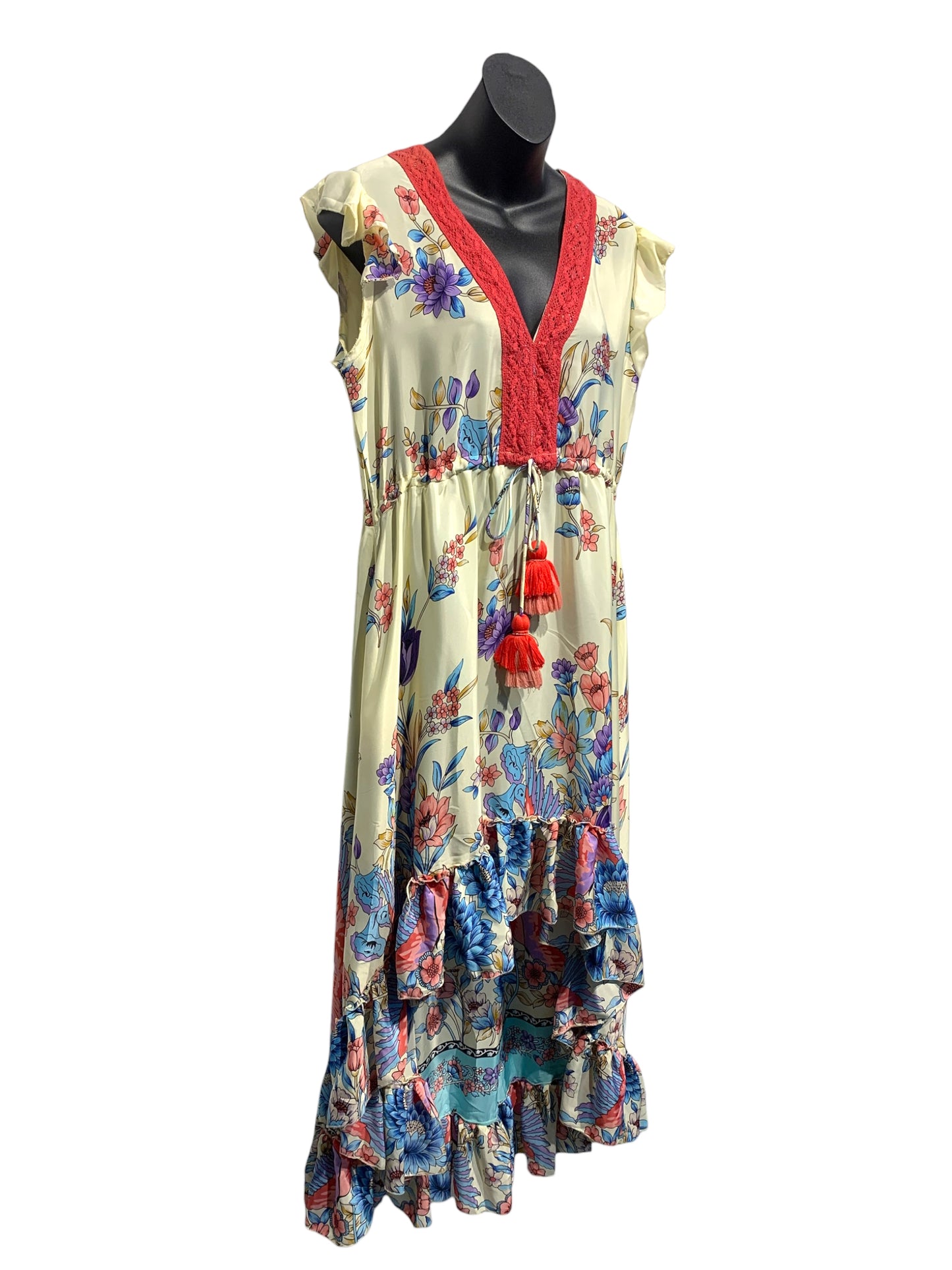 Floral Print Silk Hi Low Dress with Adjustable Waistline