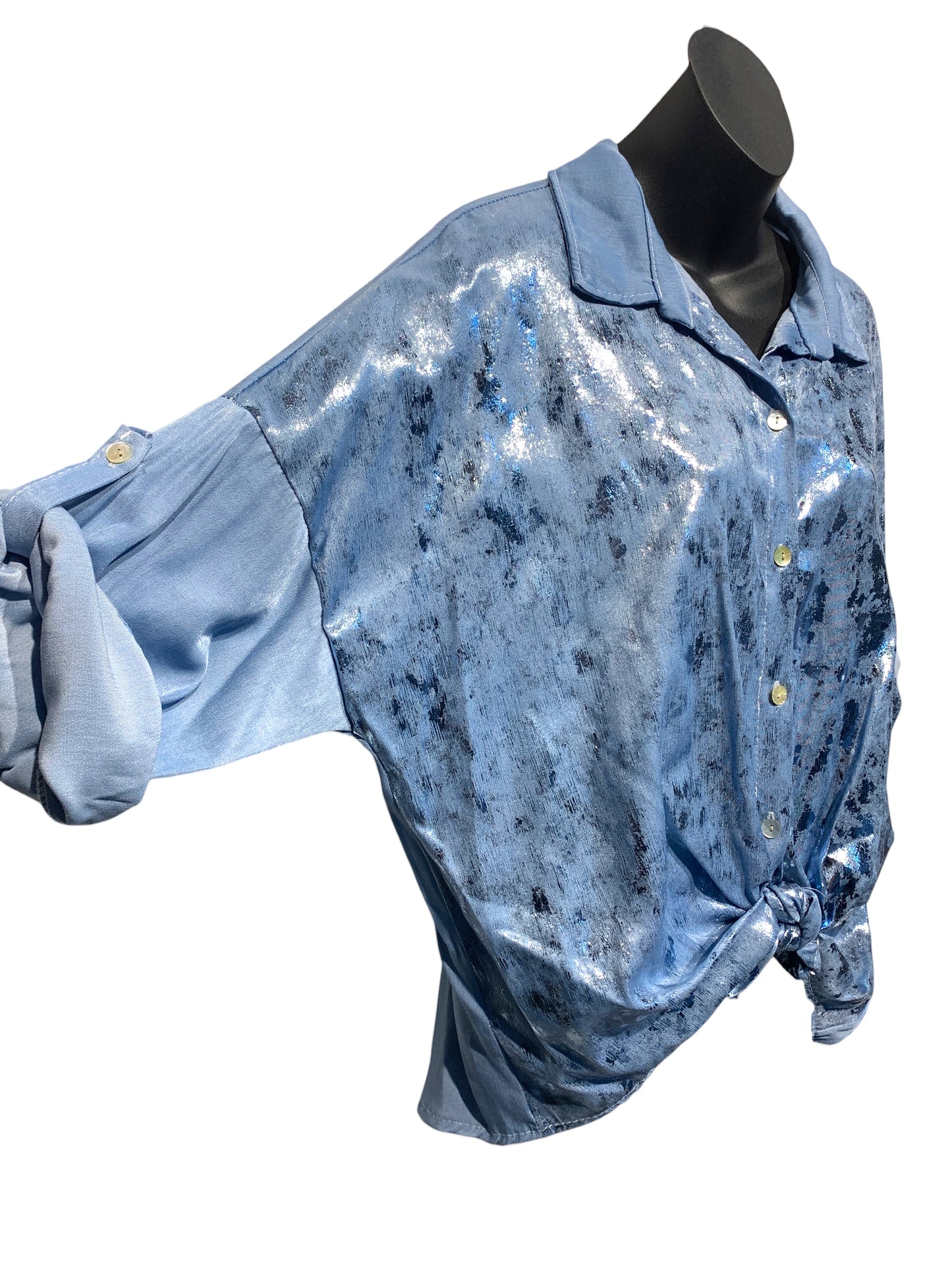 Italian Roll Up Sleeve Shirt with Silver  Paint Front Feature/ Denim Blue