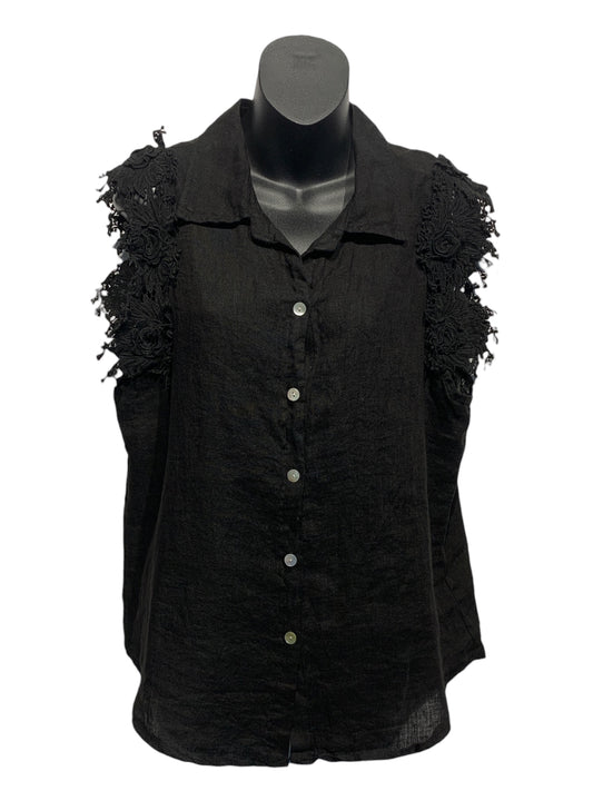 Italian Linen Button Up Sleeveless Top with Crochet Detailing