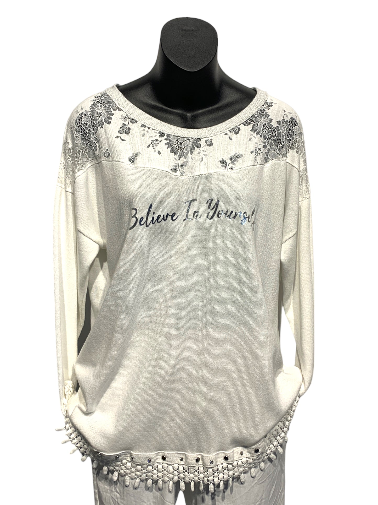 Italian Cotton Top With Lace Trim “Believe in Yourself”/ Belinda