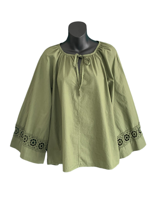 Italian Cotton Long Sleeve Top with Sleeve Detailing / Dark Olive