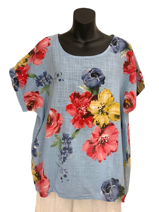 Italian Cotton Floral Print Top with Short Sleeves