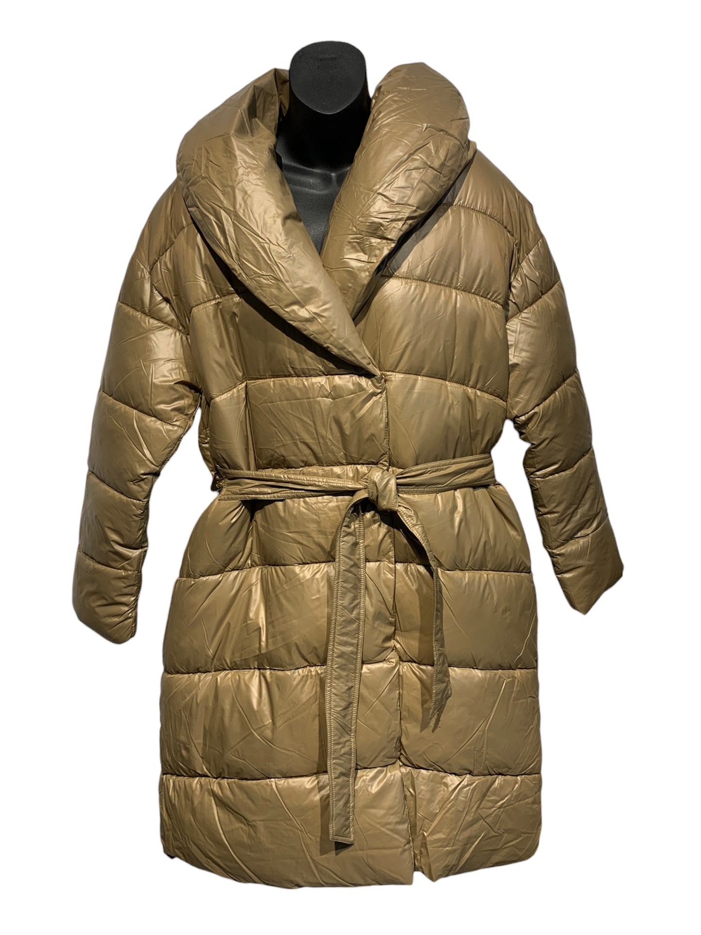 Long Puffer Coat with Gold Chain Belt and a Fringe Detailing at the Back / Tan