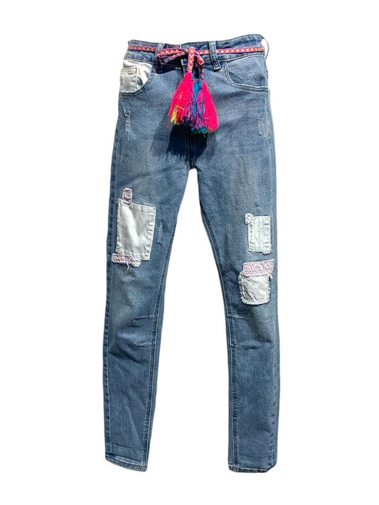 Denim Jeans with Patchwork Detailing and Colourful Belt