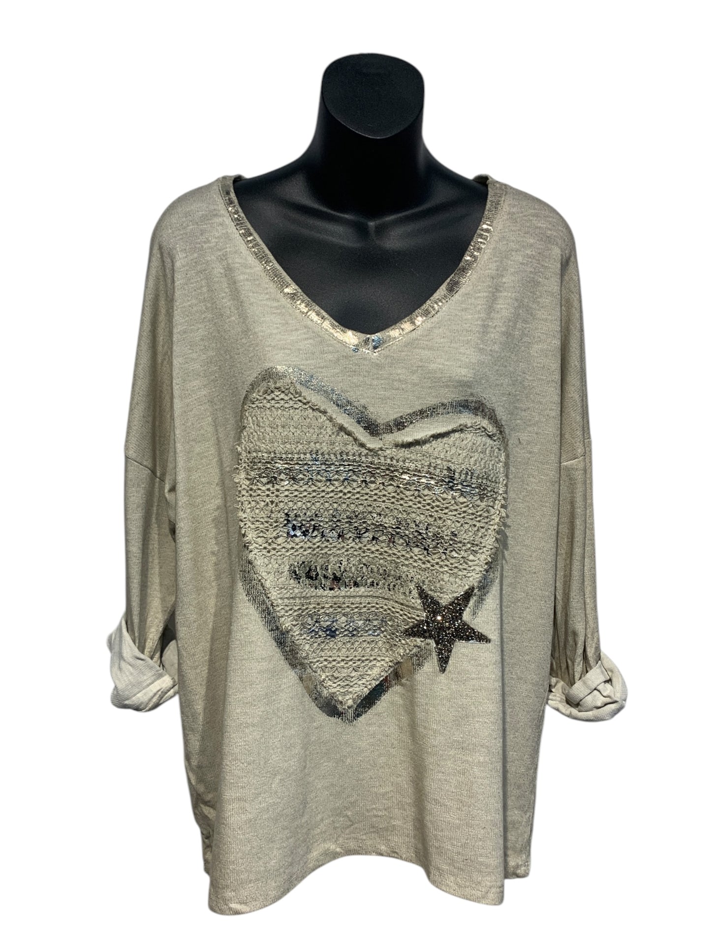 Italian V-Neck Cotton Top with Lace and Leopard Print Heart