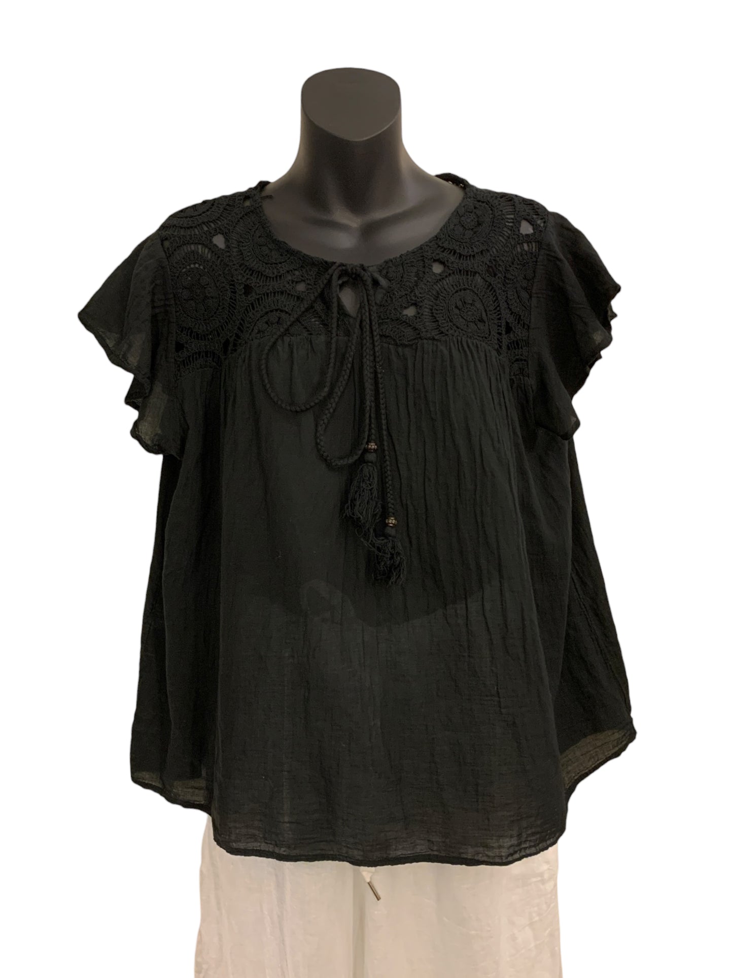 Italian Cotton Top with Drawstring and Embroidered Shoulders