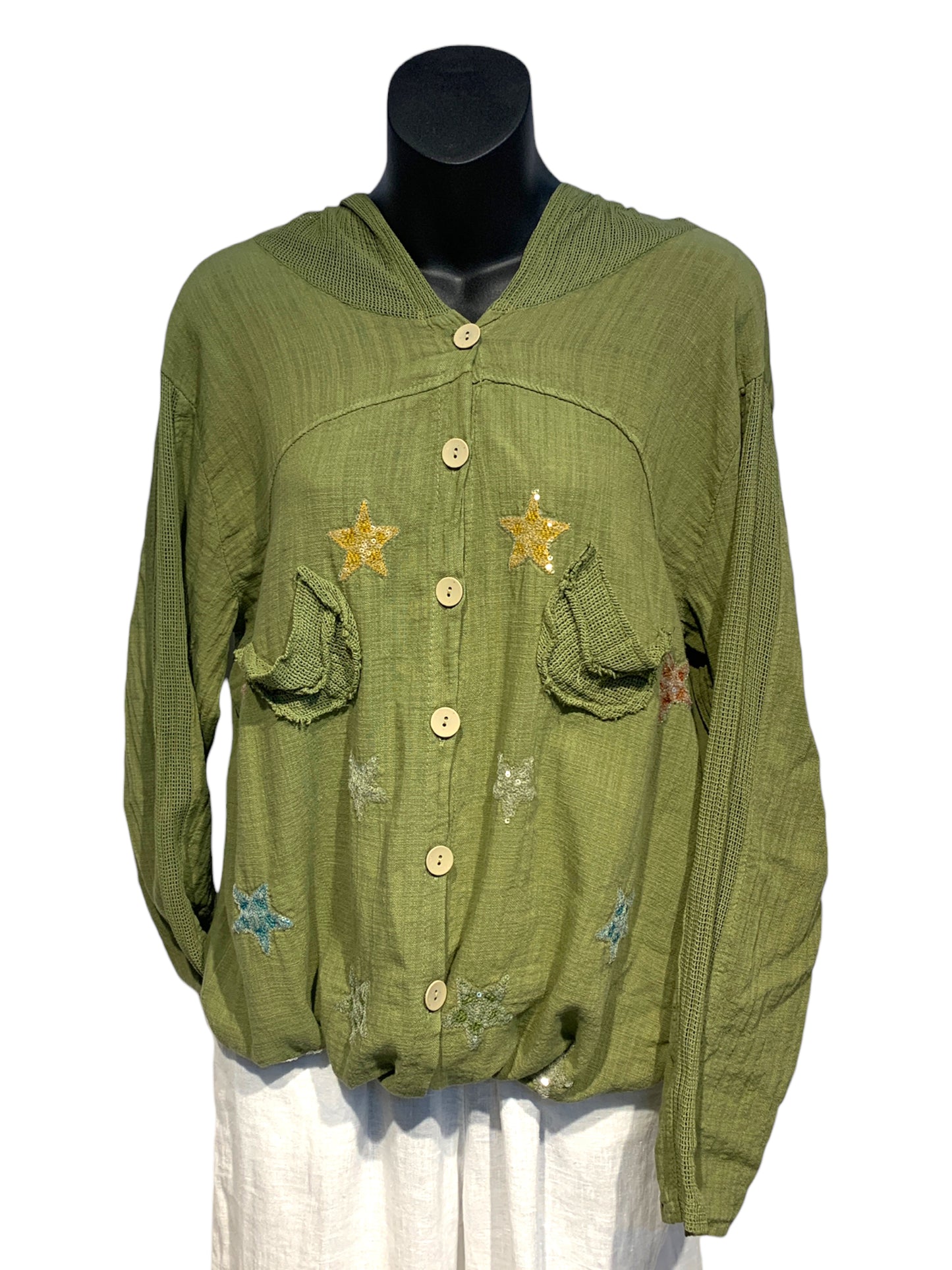 Button Up Hooded Top with Sequin Stars