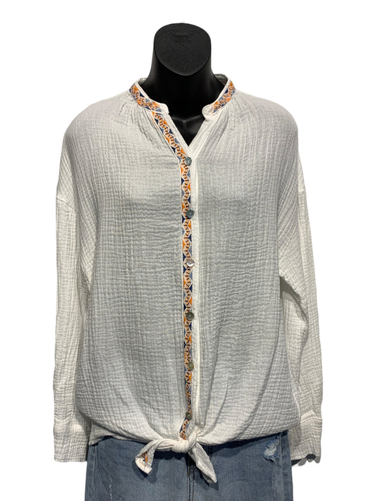 Italian Crinkle Cotton Shirt with Aztec Detailing