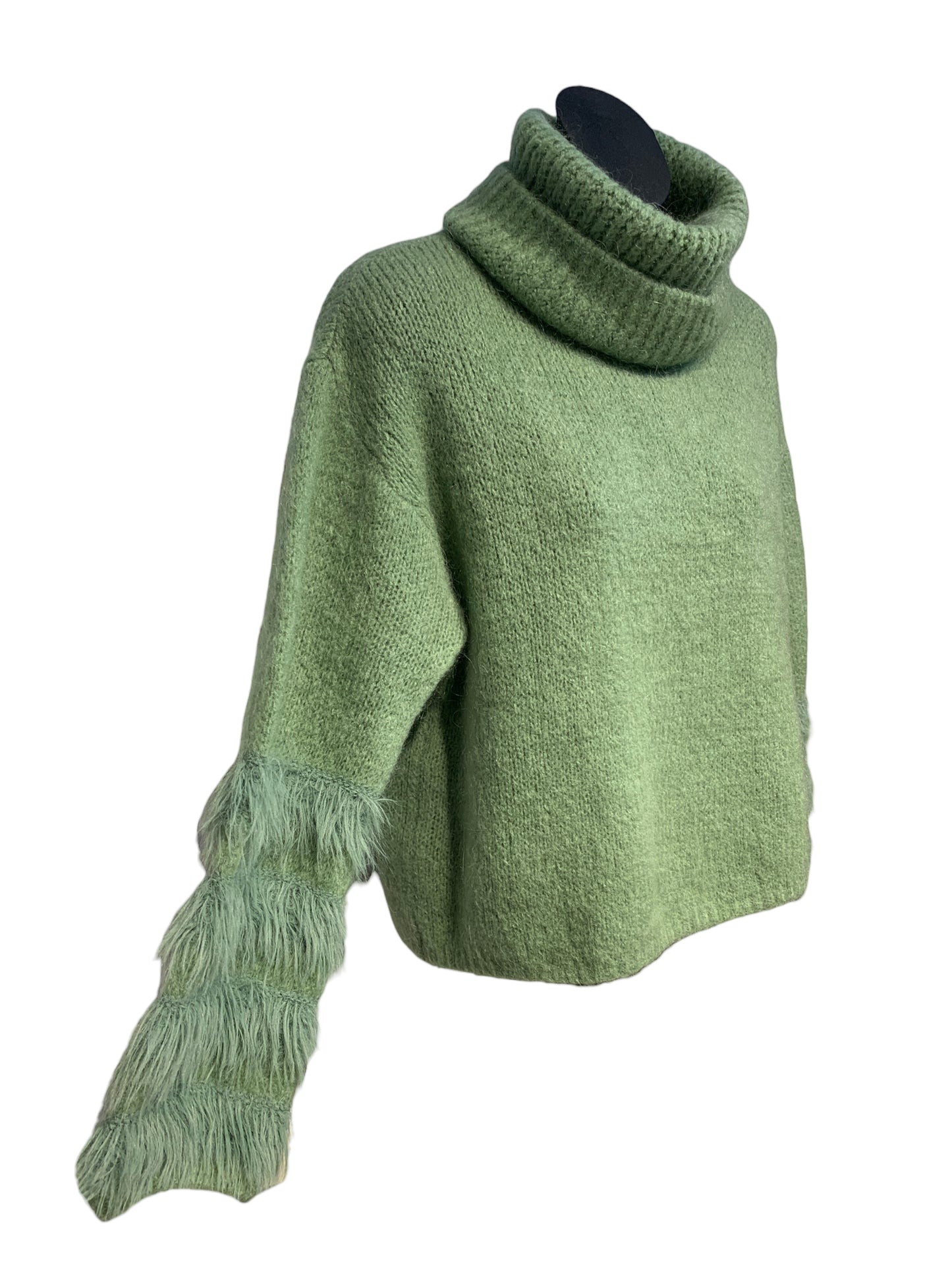 Italian Turtle Neck Knit with Faux Fur on Sleeves/ Soft Green