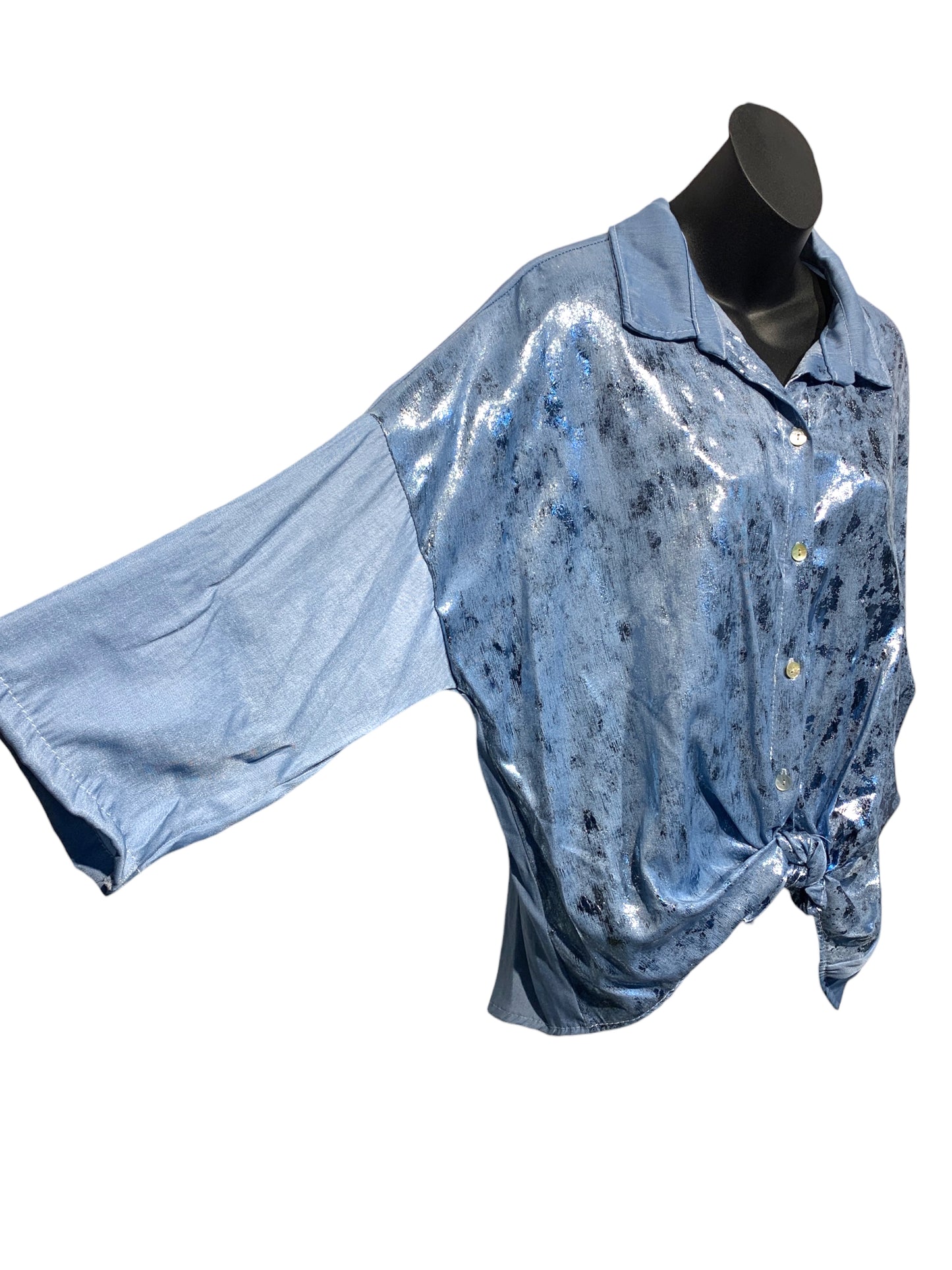 Italian Roll Up Sleeve Shirt with Silver  Paint Front Feature/ Denim Blue