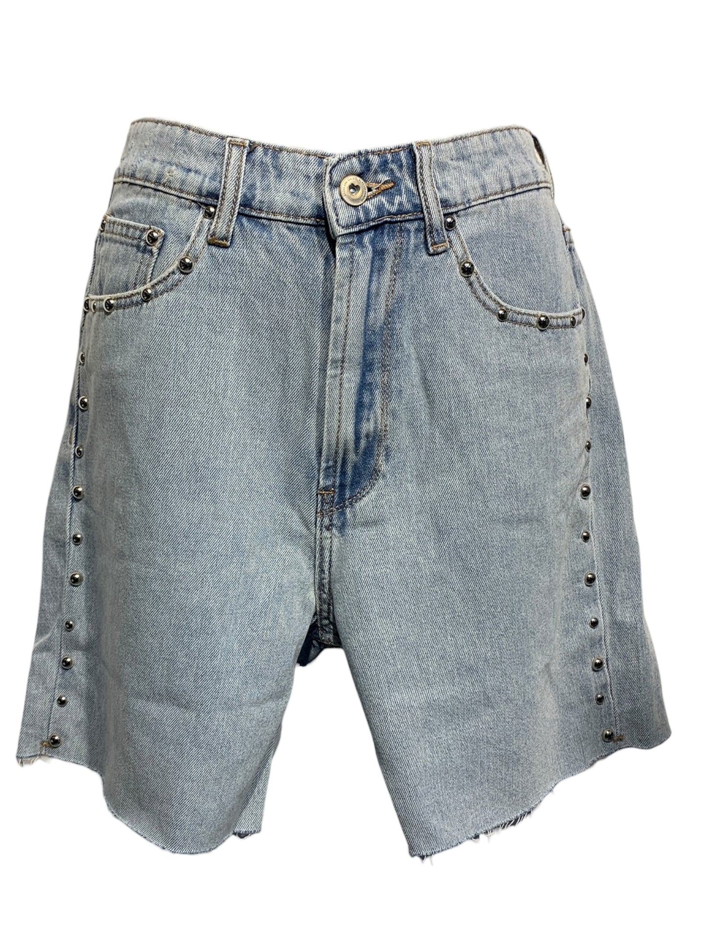 Distressed Look Light Denim Shorts with Studs