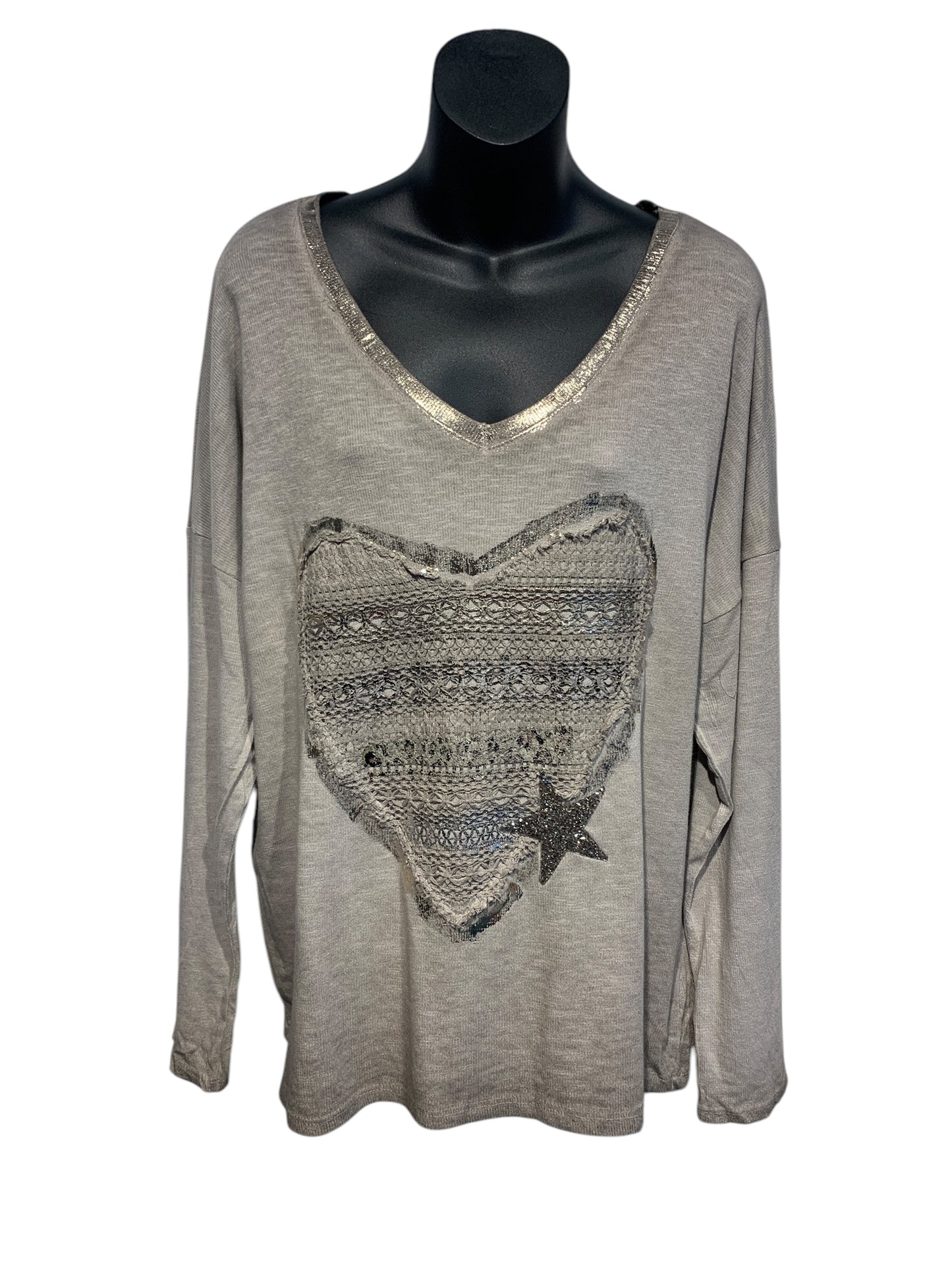 Italian V-Neck Cotton Top with Lace and Leopard Print Heart