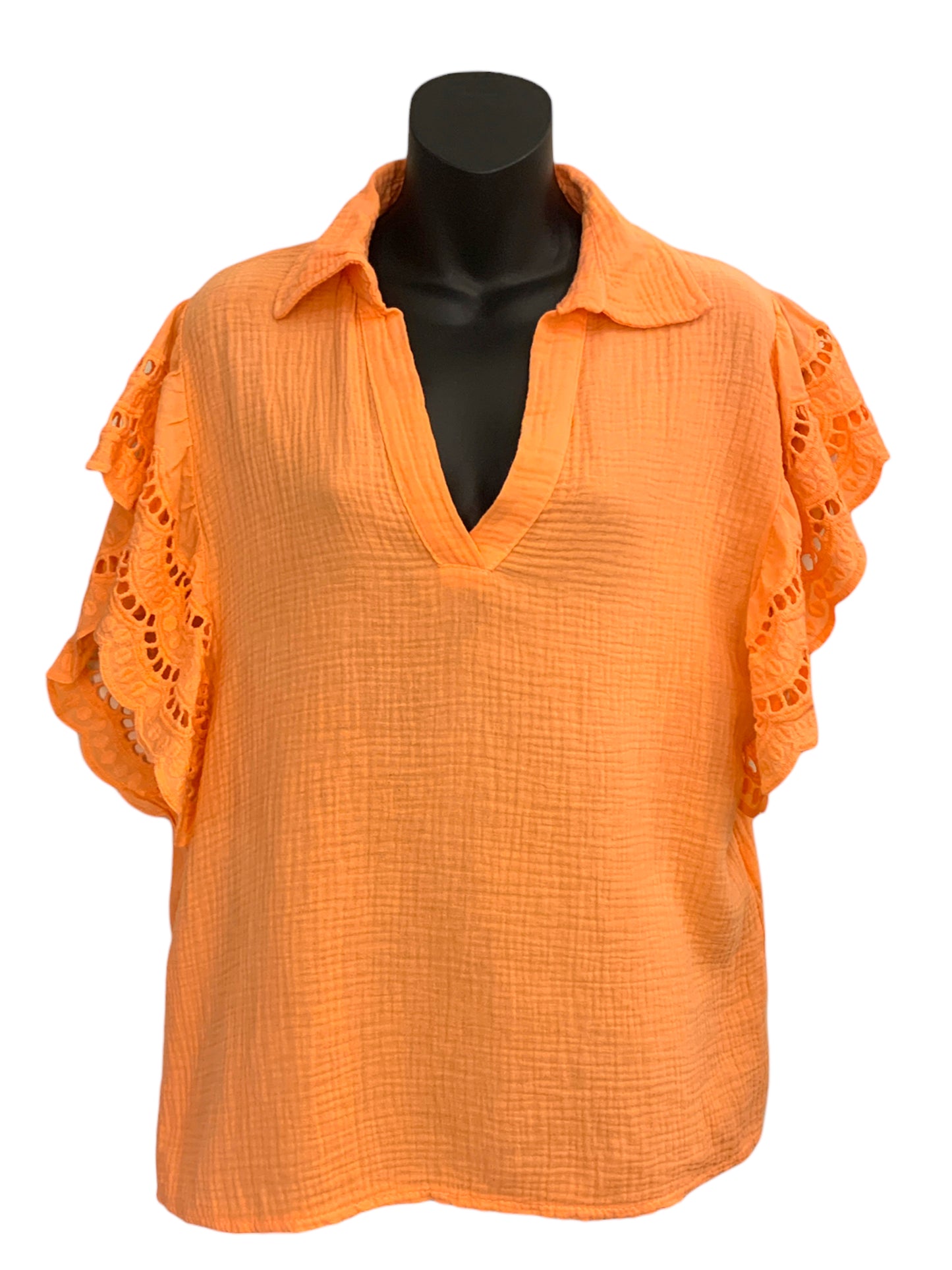 Italian V-Neck Crinkled Top with Embroidered Sleeves