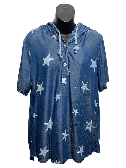 Italian Hooded Tencel Feel Denim Shirt with Stars Print