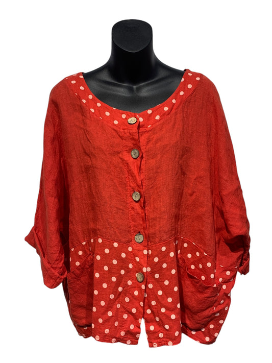 Italian Linen Polka Dot Button Up Top with Embroidery