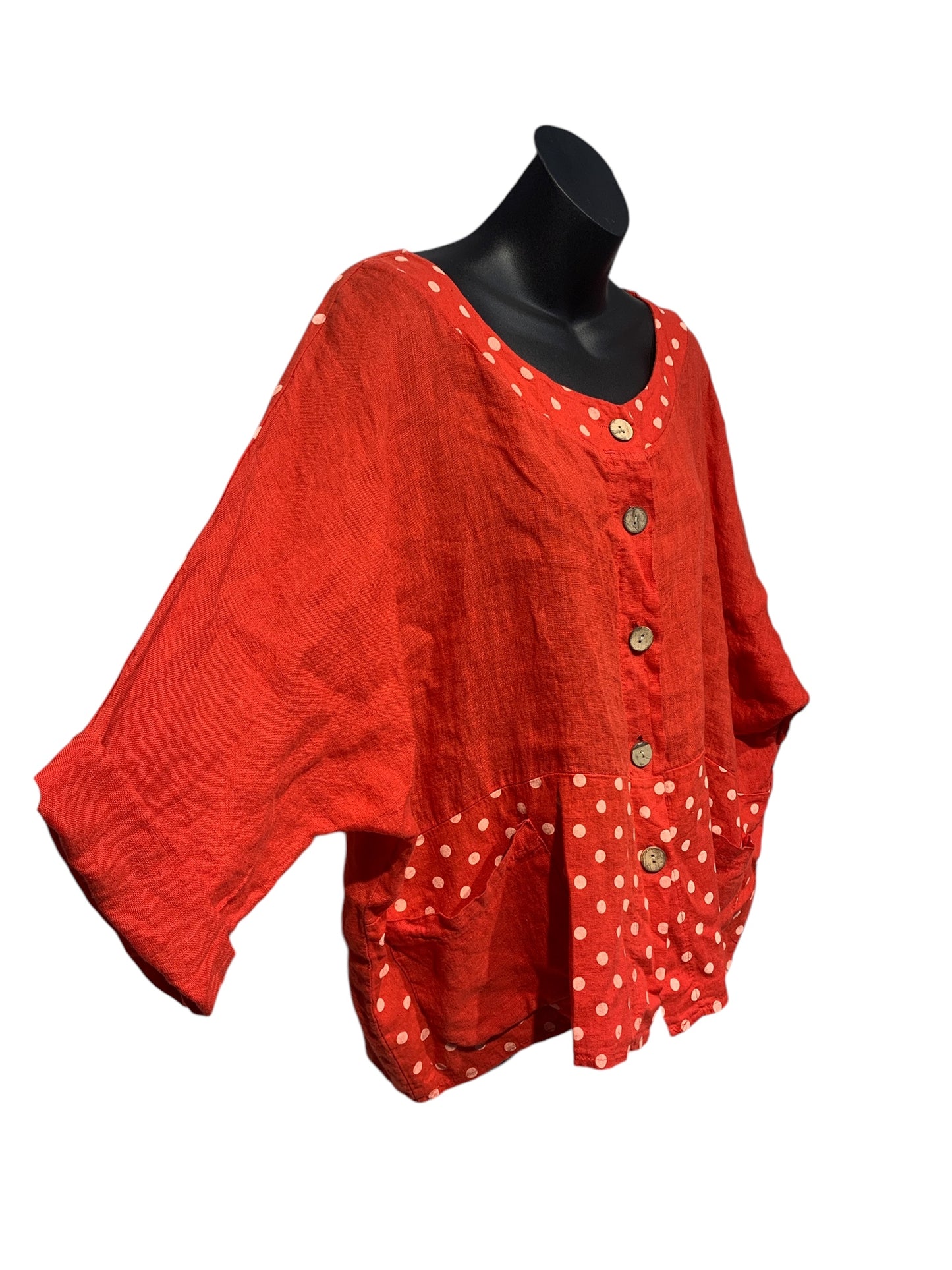 Italian Linen Polka Dot Button Up Top with Embroidery