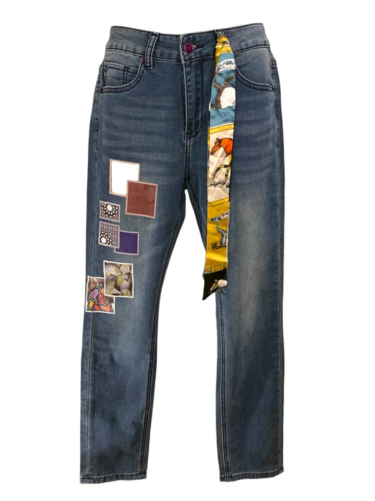 Patchwork Jeans with Silky Feel Ribbon