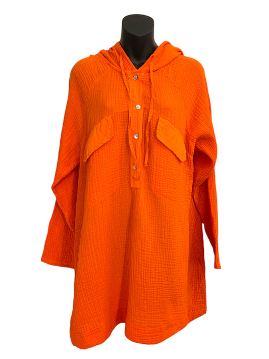 Italian Cotton Crinkled Tunic with Hood and Two Front Pockets / Orange