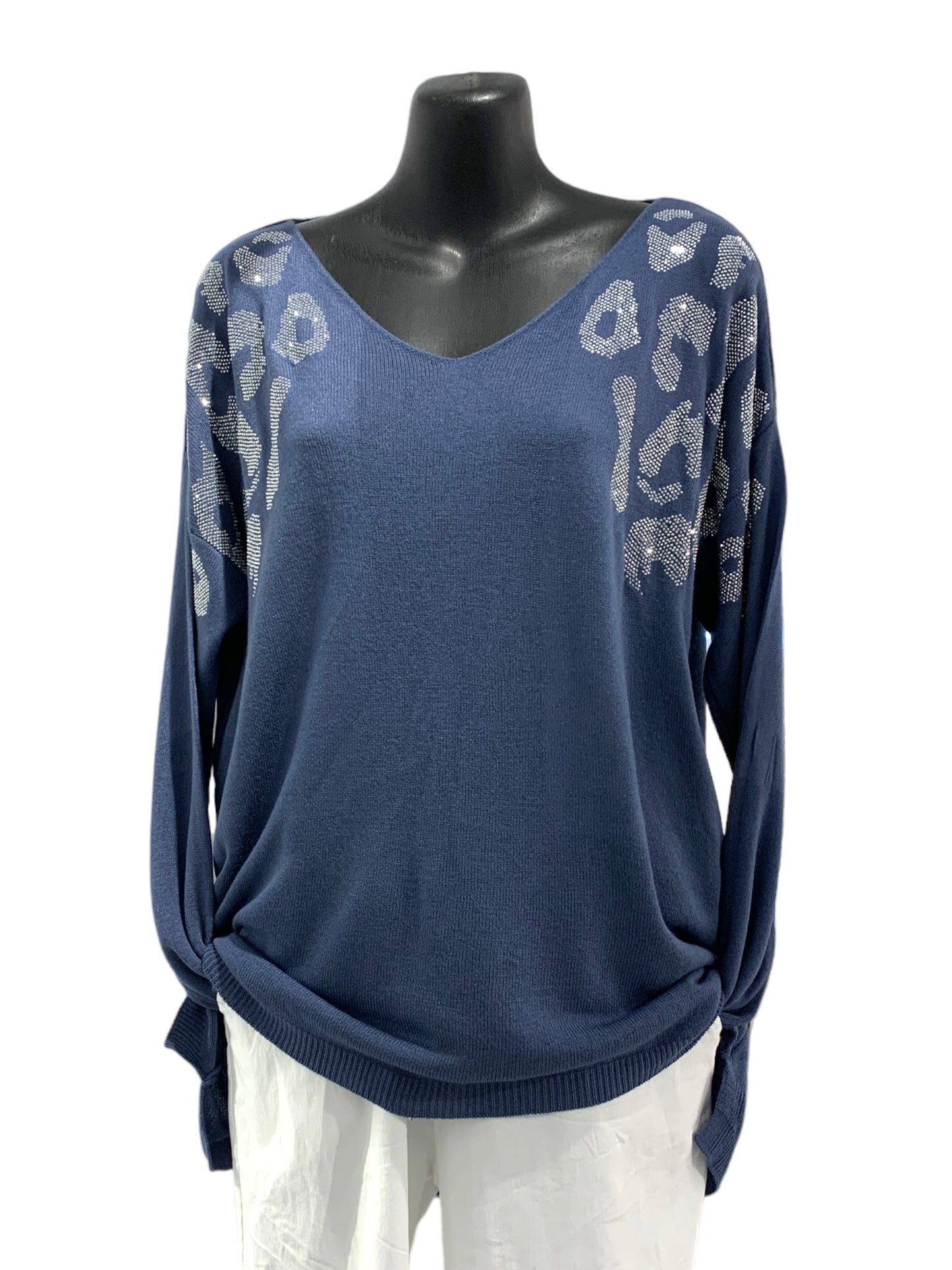 Italian V-Neck Sparkly Animal Print Knit with Washed Out Effect