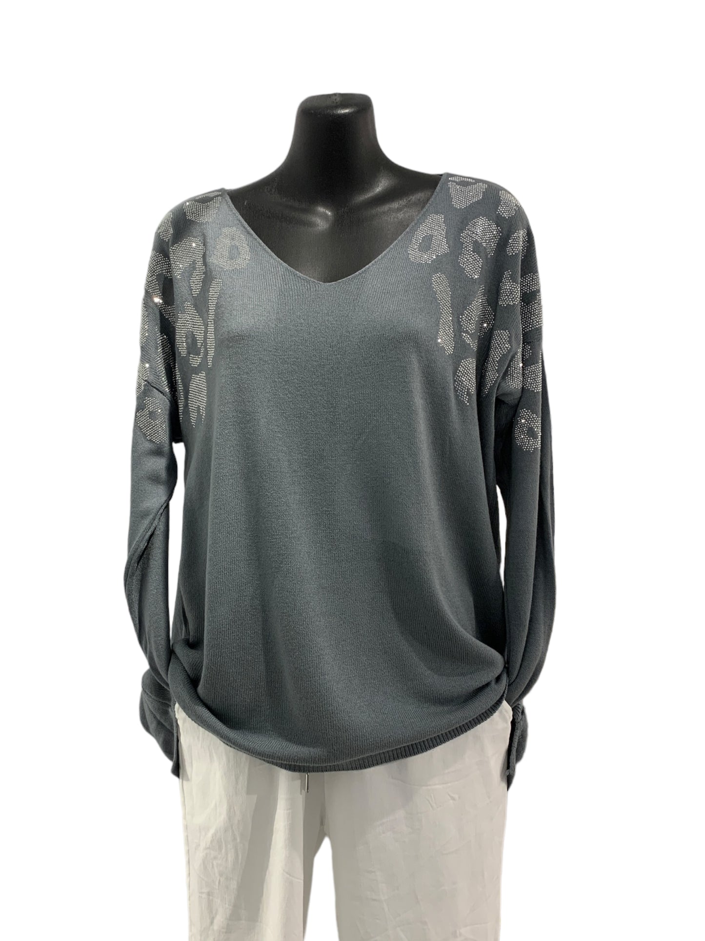 Italian V-Neck Sparkly Animal Print Knit with Washed Out Effect