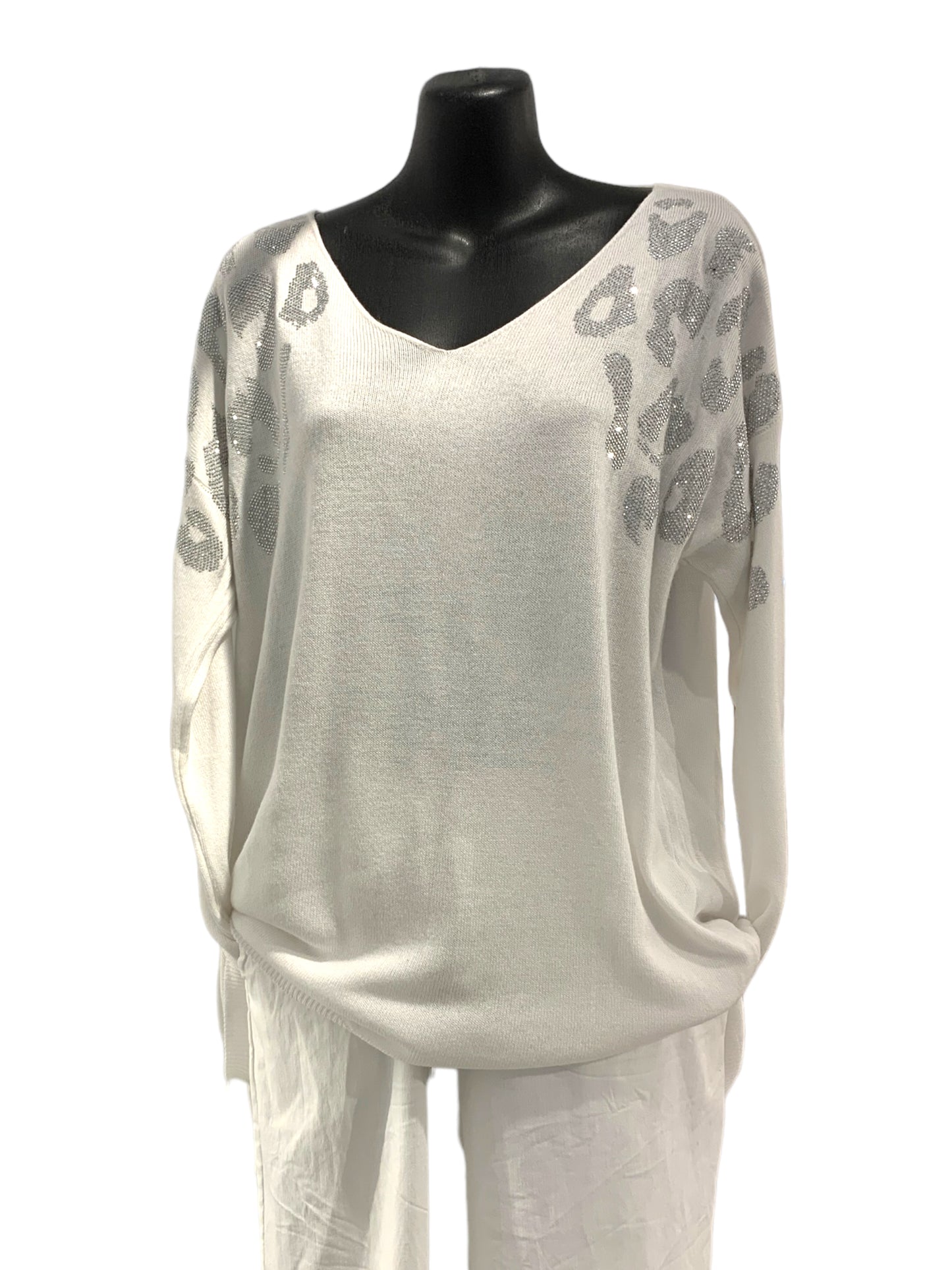 Italian V-Neck Sparkly Animal Print Knit with Washed Out Effect