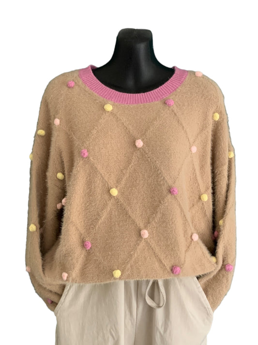 Round Neck Knit Top with Pom-poms