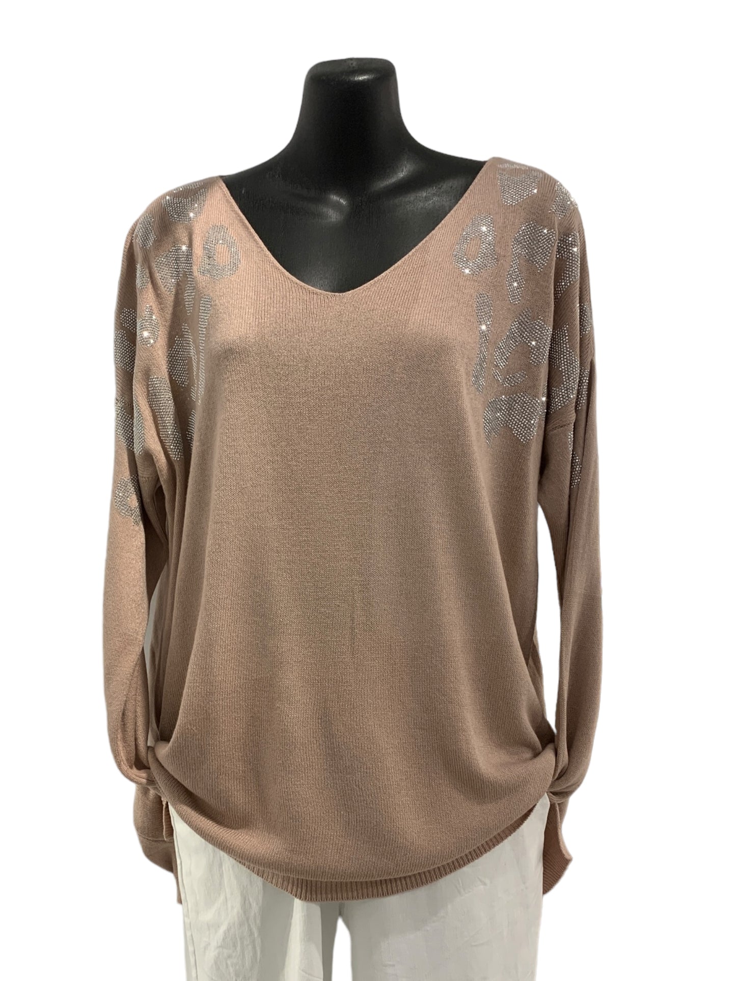 Italian V-Neck Sparkly Animal Print Knit with Washed Out Effect