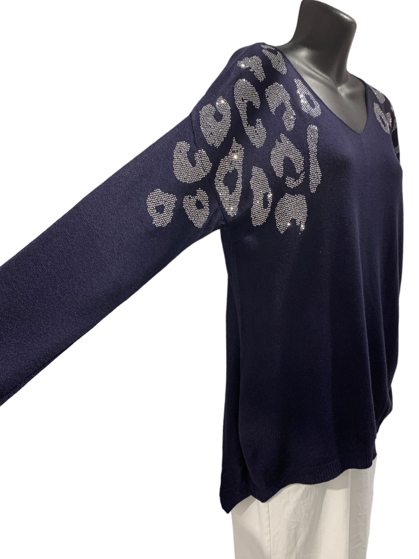 Italian V-Neck Sparkly Animal Print Knit with Washed Out Effect