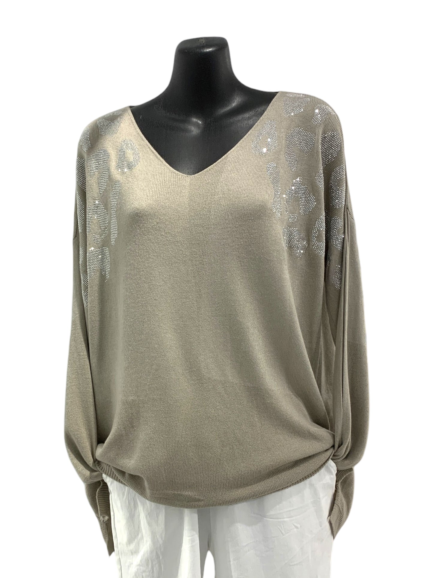 Italian V-Neck Sparkly Animal Print Knit with Washed Out Effect