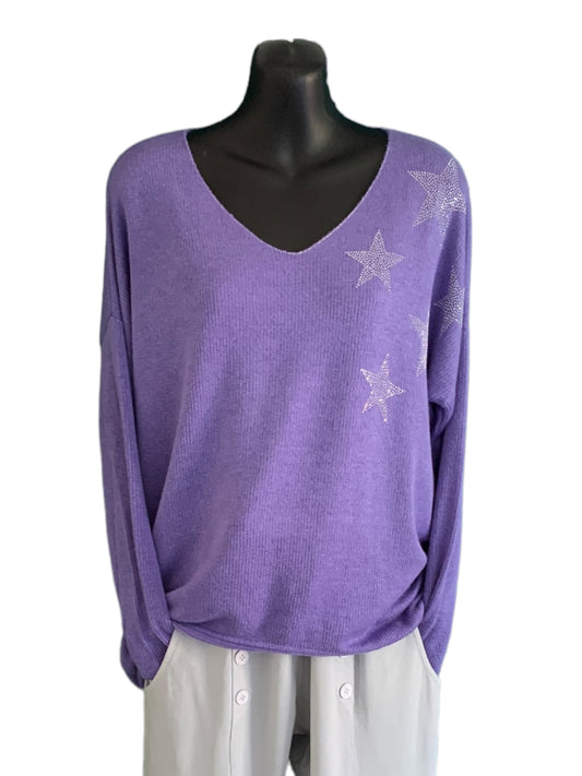 V-Neck Light Knit Top with Five Sparkly Studded Stars