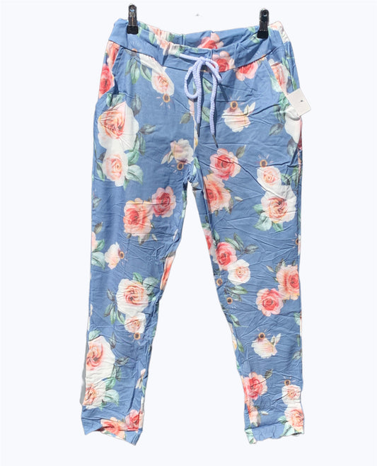 Italian Floral Stretch Pants “Roses- Blue”