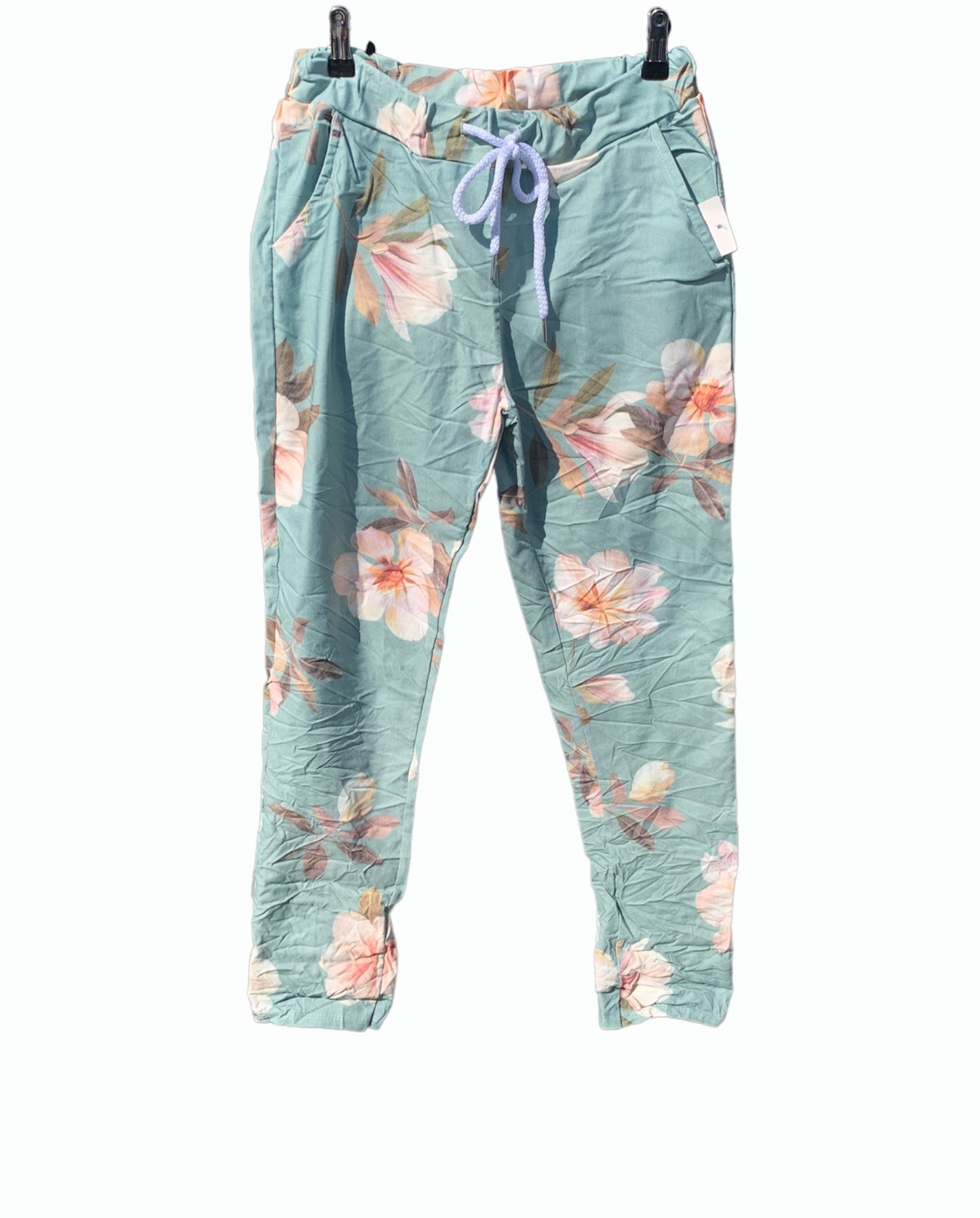 Italian Floral Stretch Pants “Magnolia-Mint”